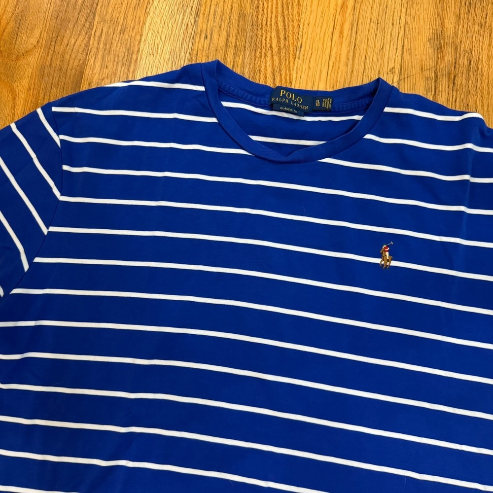 Polo Ralph Lauren Shirt Mens XL Blue White Striped Crew Neck Short Sleeve Tee - Picture 5 of 12